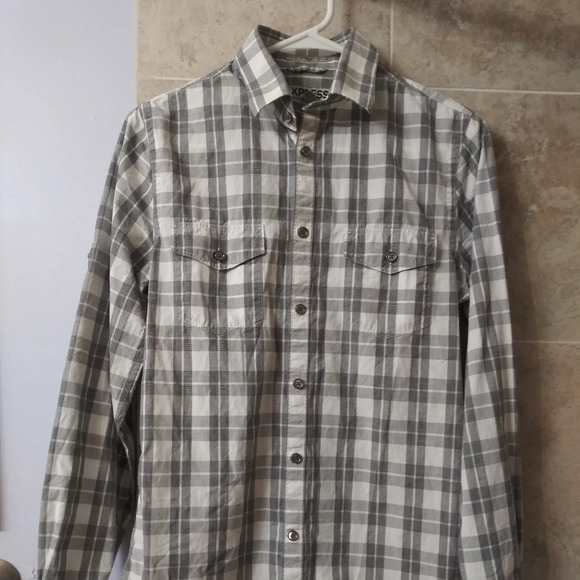 Express fitted XS gray checkered Woven Button Up - Picture 1 of 6